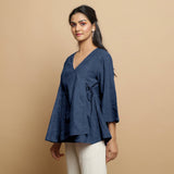 Navy Blue Cotton Linen Asymmetrical V-Neck Godet Top