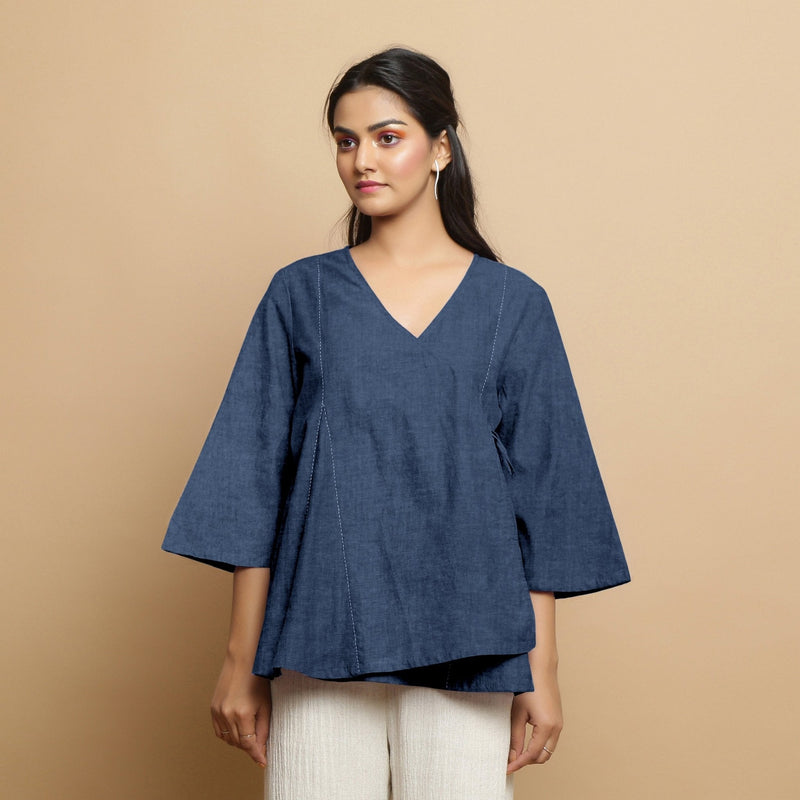 Navy Blue Cotton Linen Asymmetrical V-Neck Godet Top
