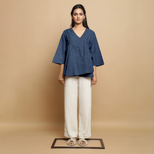 Navy Blue Cotton Linen Asymmetrical V-Neck Godet Top