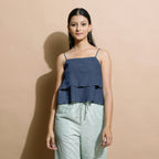 Navy Blue Cotton Linen Camisole Crop Top