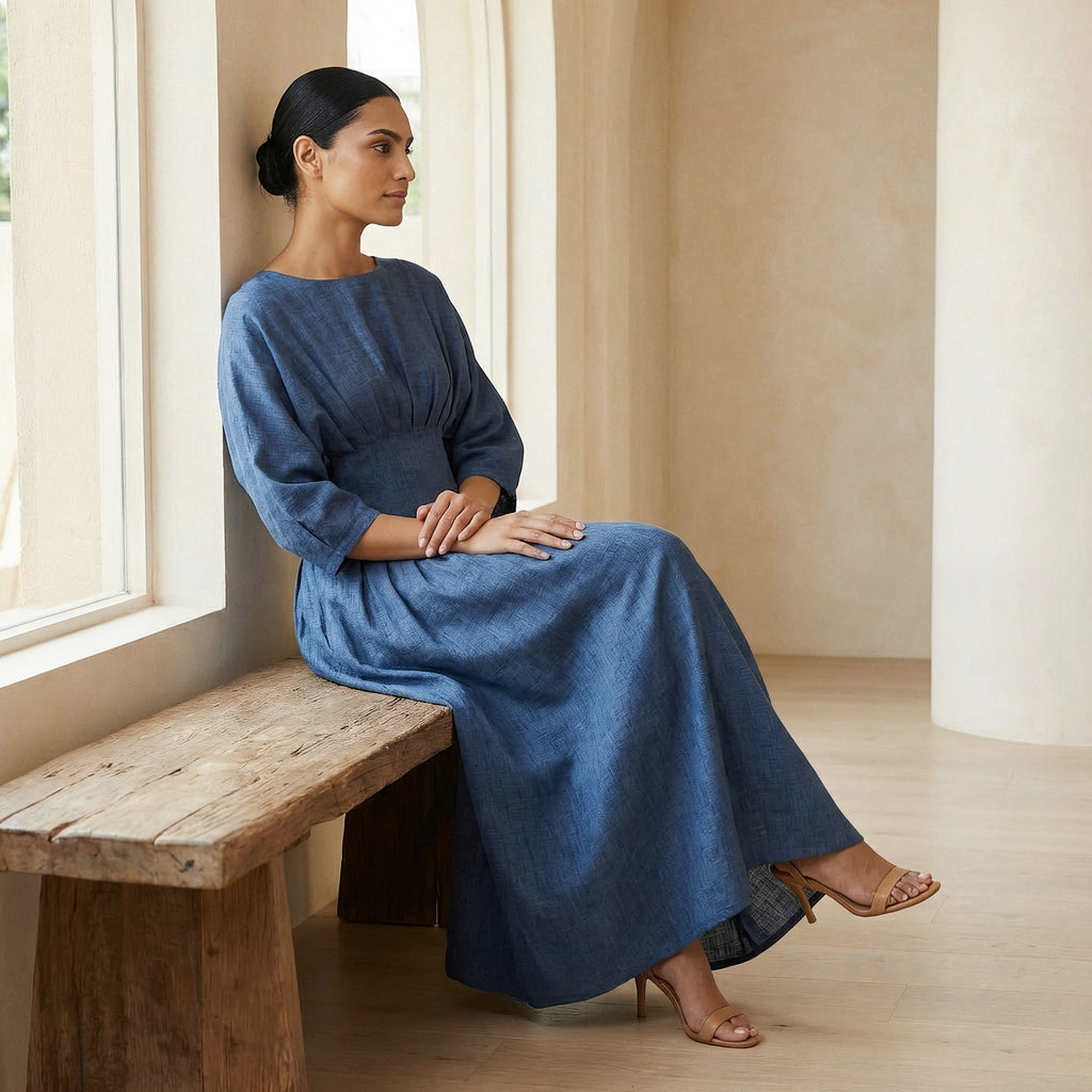 Navy Blue Cotton-Linen Cinched Waist Flared Maxi Dress