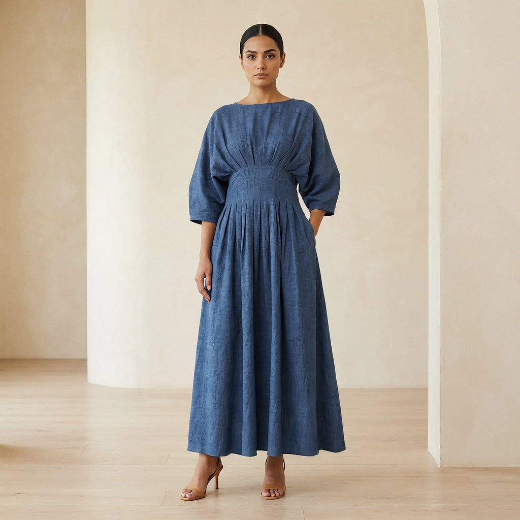 Navy Blue Cotton-Linen Cinched Waist Flared Maxi Dress