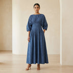 Navy Blue Cotton-Linen Cinched Waist Flared Maxi Dress
