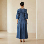 Navy Blue Cotton-Linen Cinched Waist Flared Maxi Dress