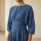 Navy Blue Cotton-Linen Cinched Waist Flared Maxi Dress
