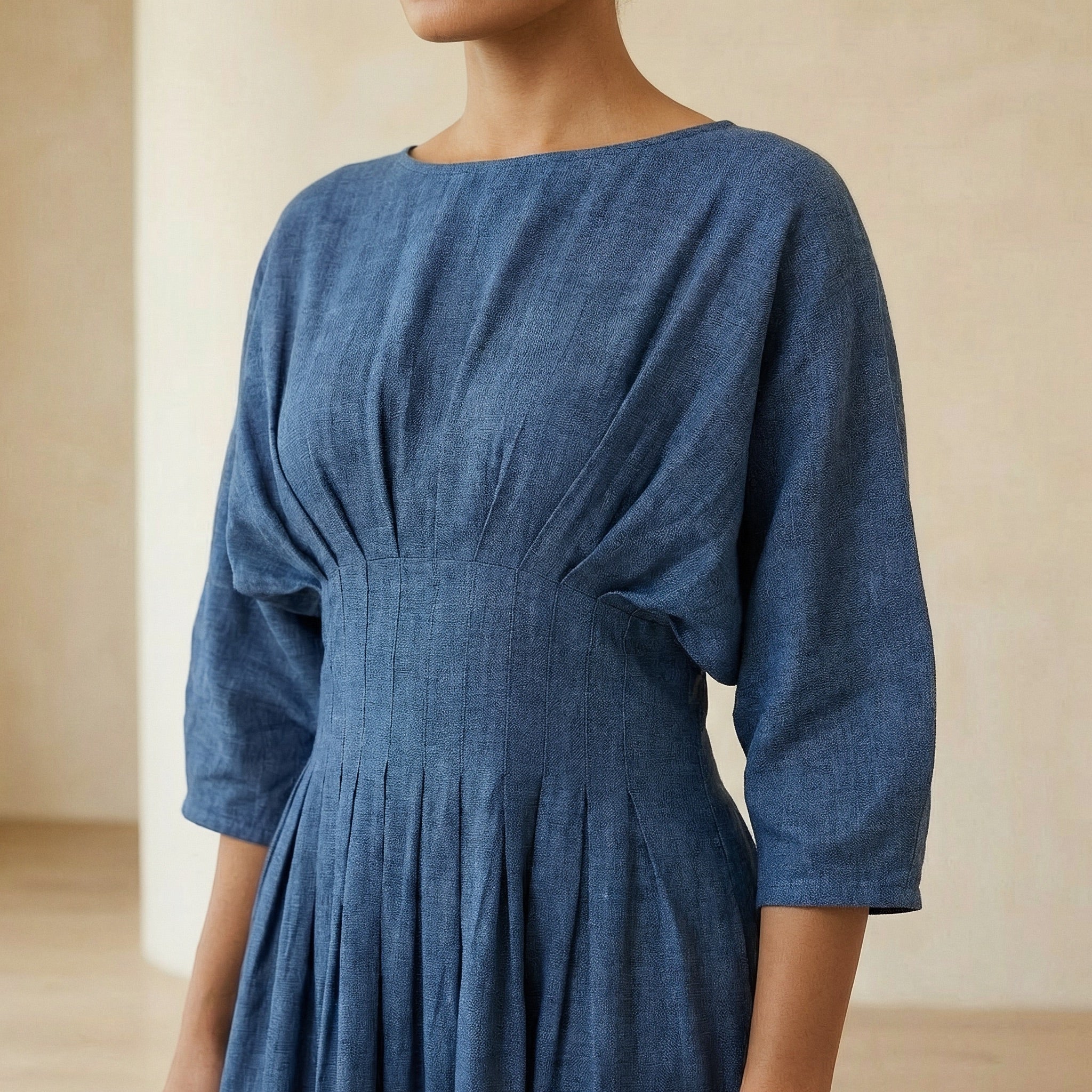 Navy Blue Cotton-Linen Cinched Waist Flared Maxi Dress