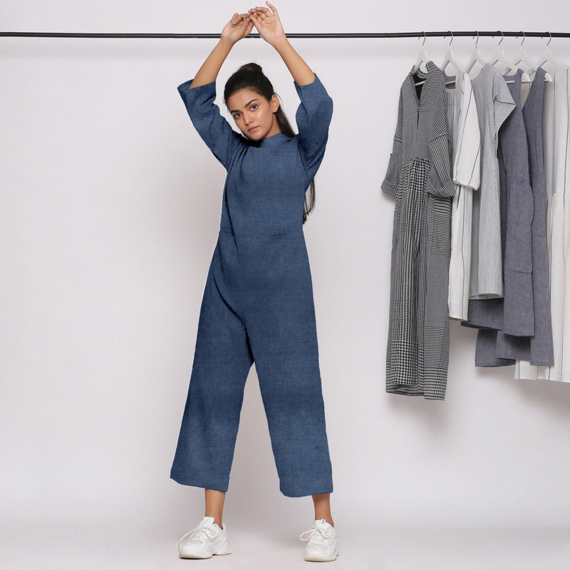 Navy Blue Cotton Linen Comfort Fit High Neck Jumpsuit