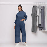 Navy Blue Cotton Linen Comfort Fit High Neck Jumpsuit
