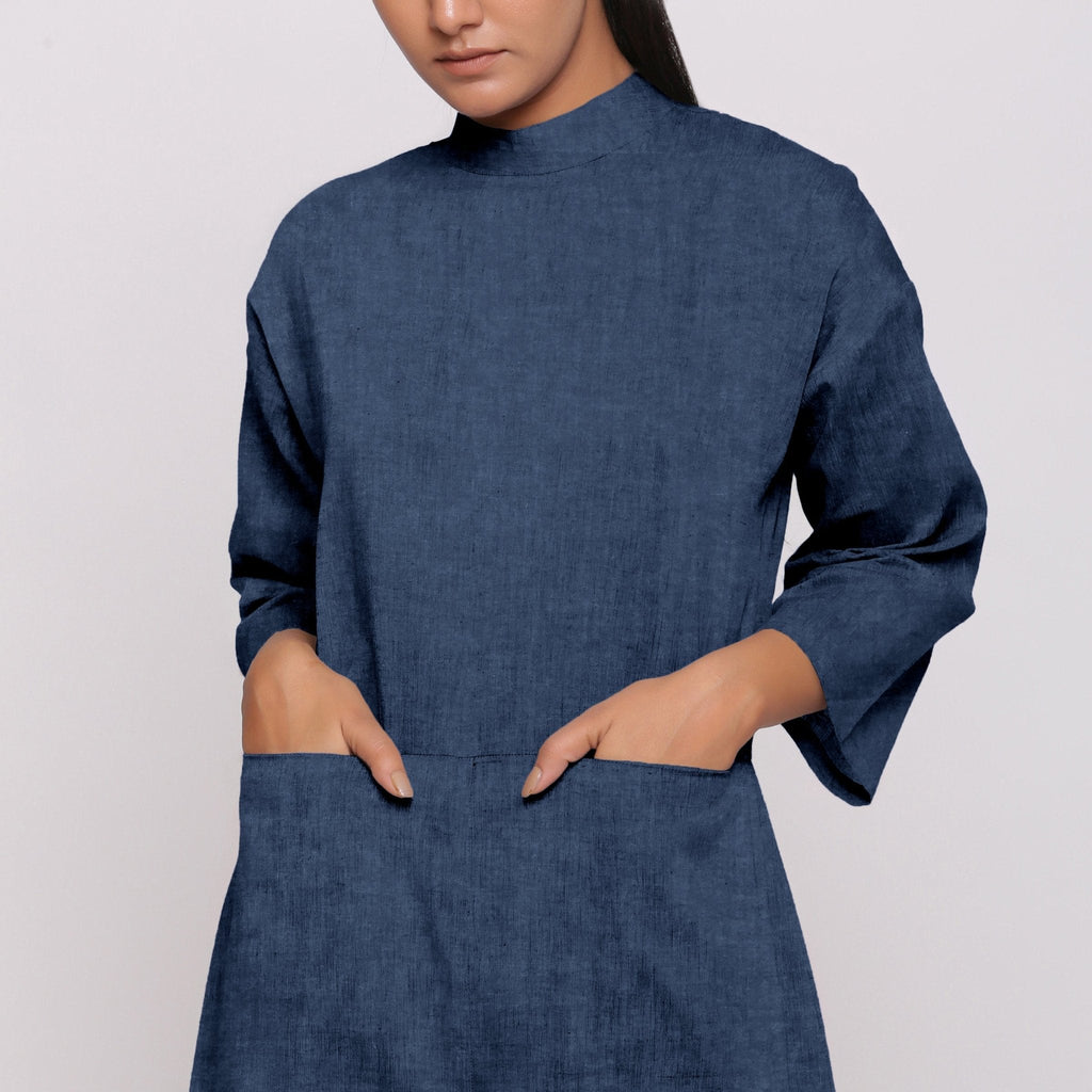 Navy Blue Cotton Linen Comfort Fit High Neck Jumpsuit