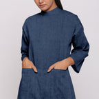 Navy Blue Cotton Linen Comfort Fit High Neck Jumpsuit