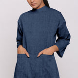 Navy Blue Cotton Linen Comfort Fit High Neck Jumpsuit
