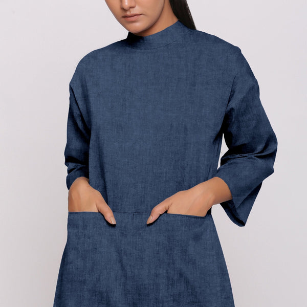Navy Blue Cotton Linen Comfort Fit High Neck Jumpsuit