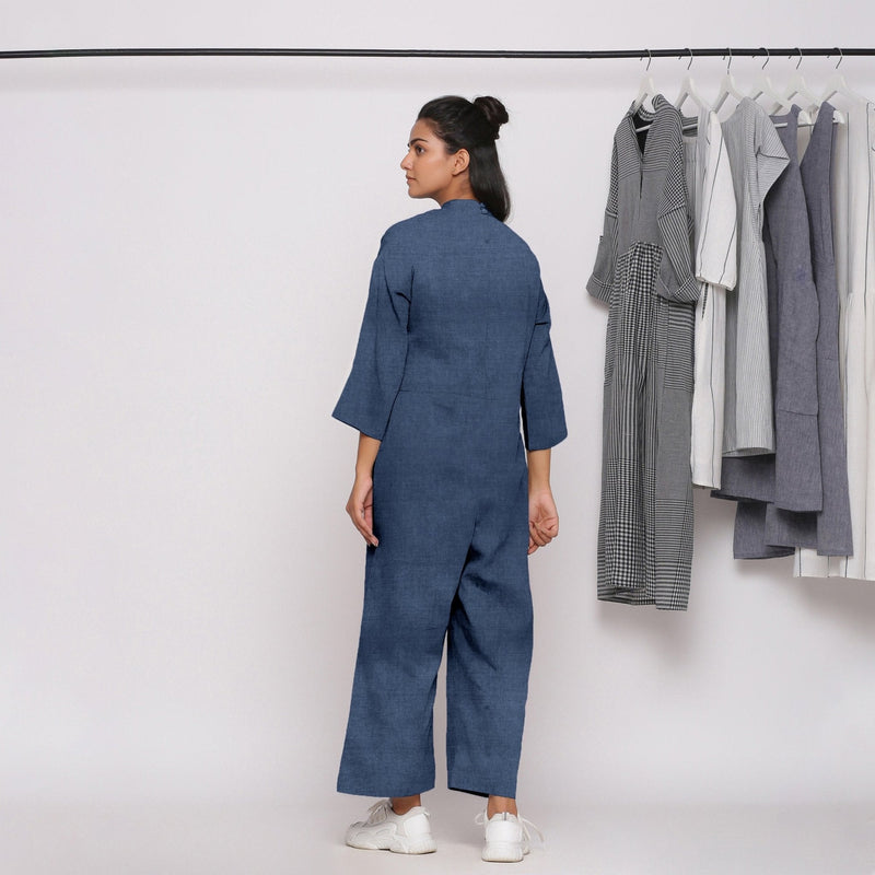 Navy Blue Cotton Linen Comfort Fit High Neck Jumpsuit