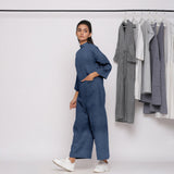 Navy Blue Cotton Linen Comfort Fit High Neck Jumpsuit