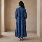 Navy Blue Cotton Linen Deep-V Maxi Tier Dress