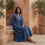 Navy Blue Cotton Linen Deep-V Maxi Tier Dress