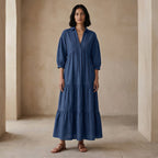 Navy Blue Cotton Linen Deep-V Maxi Tier Dress
