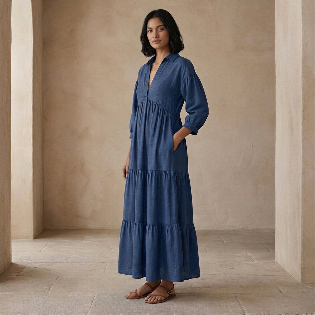 Navy Blue Cotton Linen Deep-V Maxi Tier Dress