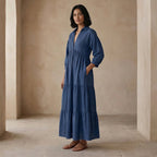 Navy Blue Cotton Linen Deep-V Maxi Tier Dress