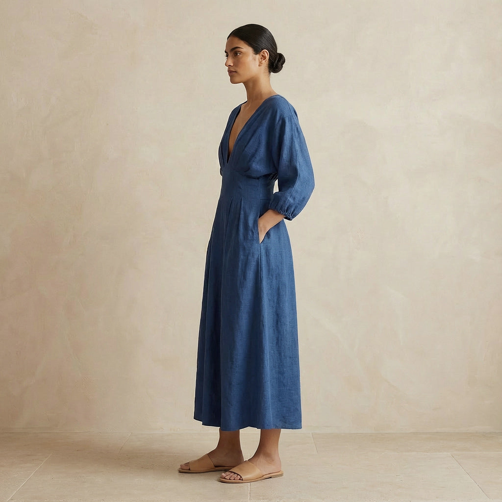 Navy Blue Cotton-Linen Deep-V Neck Empire Waist Maxi Dress
