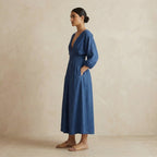 Navy Blue Cotton-Linen Deep-V Neck Empire Waist Maxi Dress