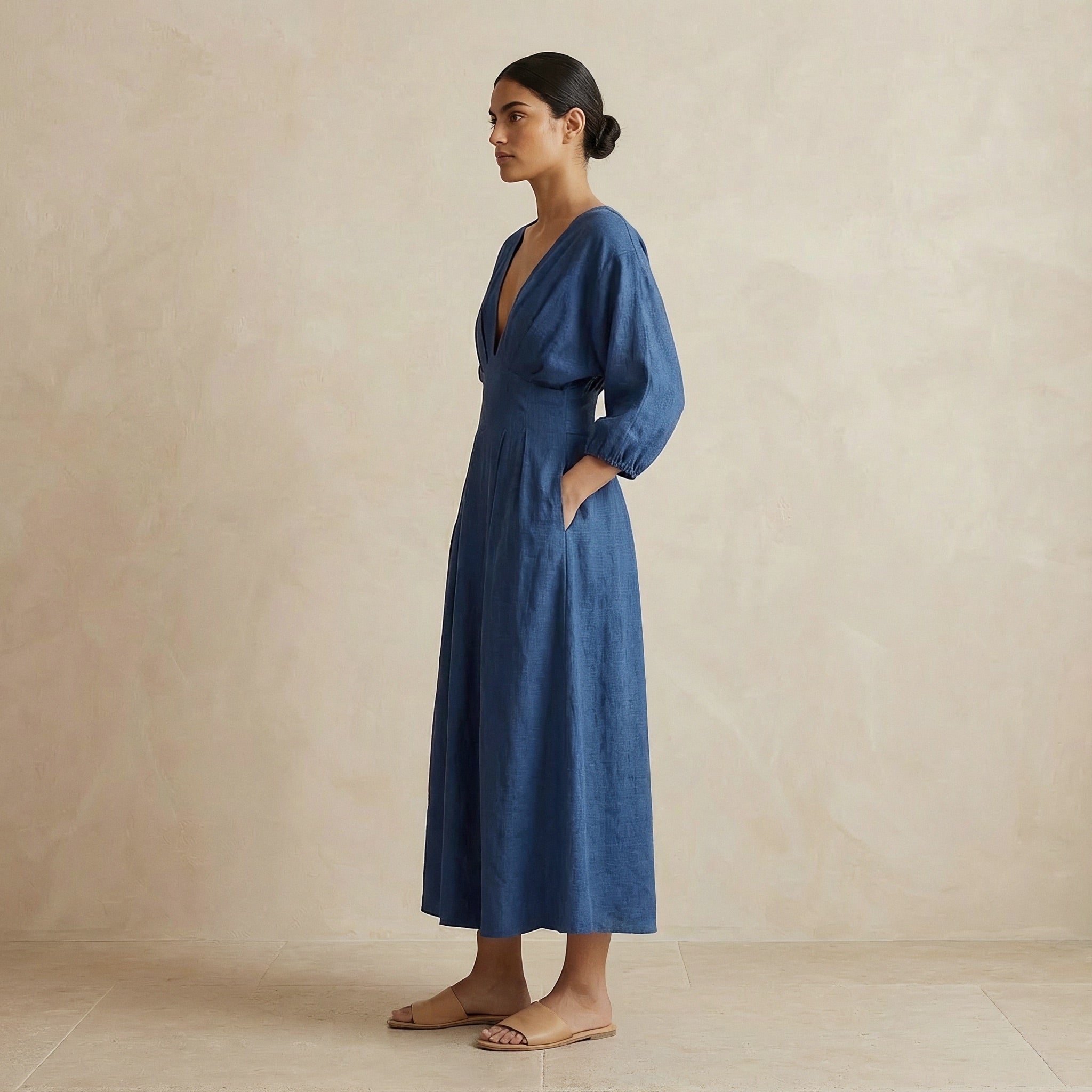 Navy Blue Cotton-Linen Deep-V Neck Empire Waist Maxi Dress