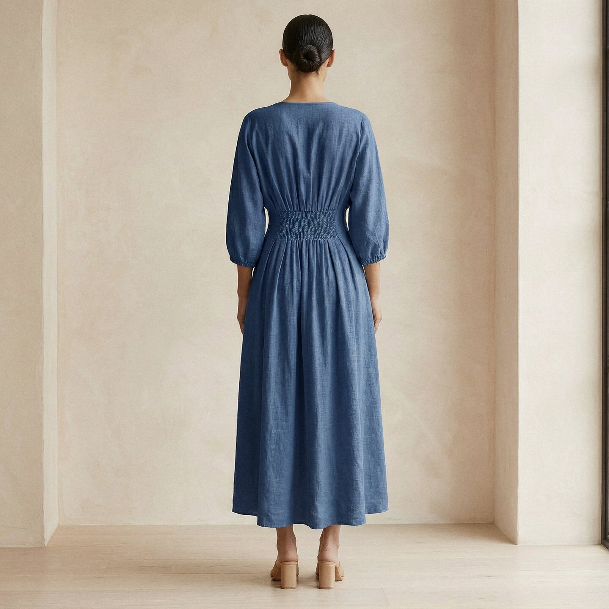 Navy Blue Cotton-Linen Deep-V Neck Empire Waist Maxi Dress