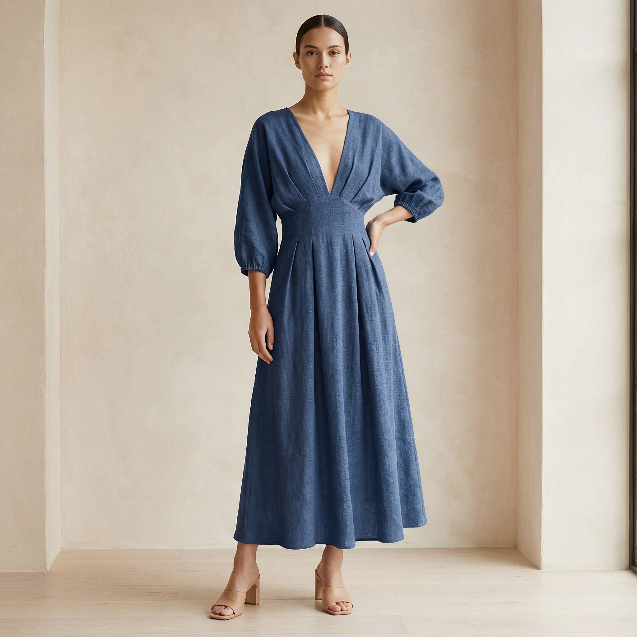 Navy Blue Cotton-Linen Deep-V Neck Empire Waist Maxi Dress