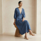 Navy Blue Cotton-Linen Deep-V Neck Empire Waist Maxi Dress