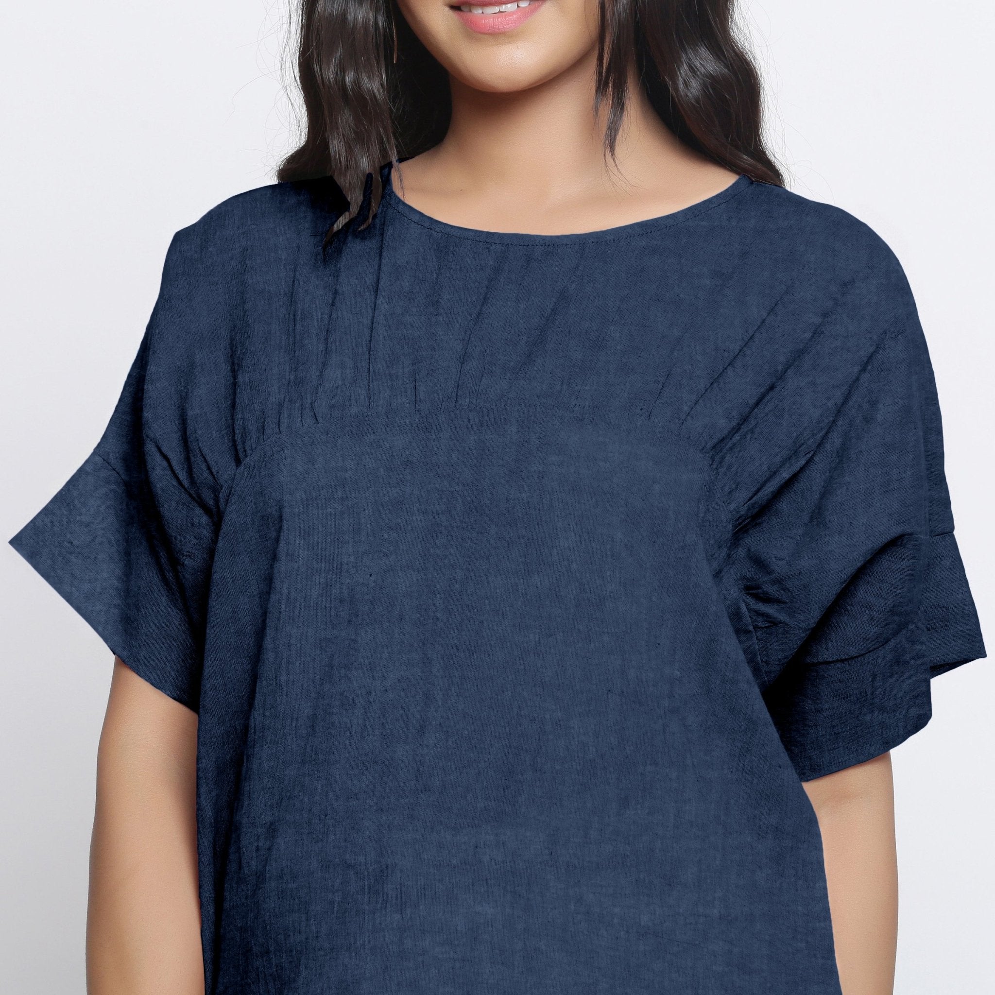 Navy Blue Cotton Linen Drop Shoulder Sleeves Yoked Top