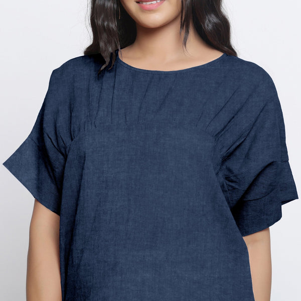 Navy Blue Cotton Linen Drop Shoulder Sleeves Yoked Top