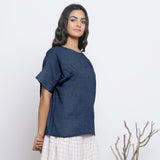 Navy Blue Cotton Linen Drop Shoulder Sleeves Yoked Top