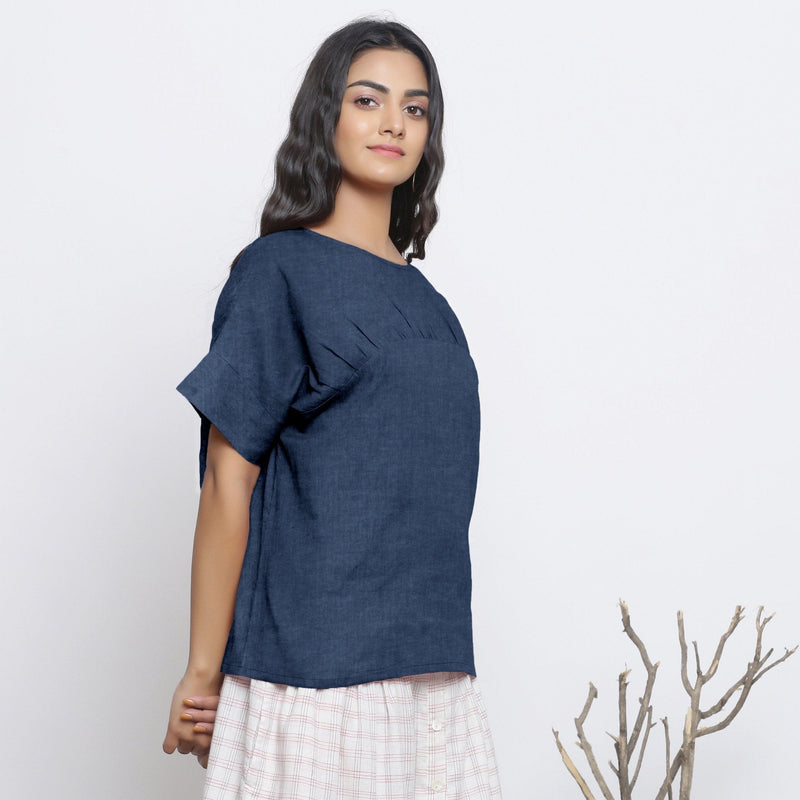 Navy Blue Cotton Linen Drop Shoulder Sleeves Yoked Top