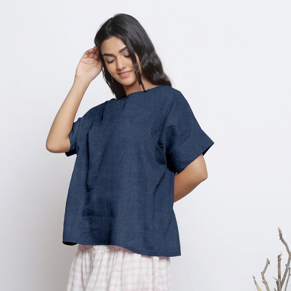 Navy Blue Cotton Linen Drop Shoulder Sleeves Yoked Top