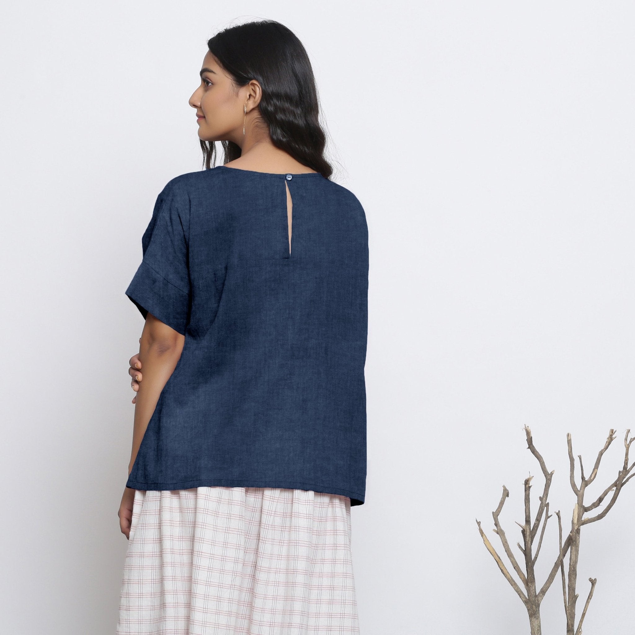 Navy Blue Cotton Linen Drop Shoulder Sleeves Yoked Top