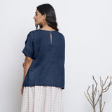 Navy Blue Cotton Linen Drop Shoulder Sleeves Yoked Top