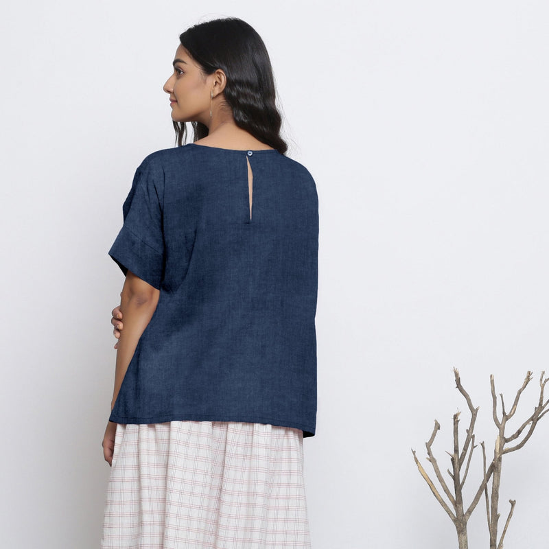 Navy Blue Cotton Linen Drop Shoulder Sleeves Yoked Top