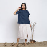 Navy Blue Cotton Linen Drop Shoulder Sleeves Yoked Top