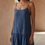 Navy Blue Cotton Linen Drop-Waist Camisole Maxi Tier Dress