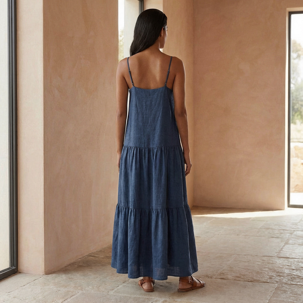Navy Blue Cotton Linen Drop-Waist Camisole Maxi Tier Dress