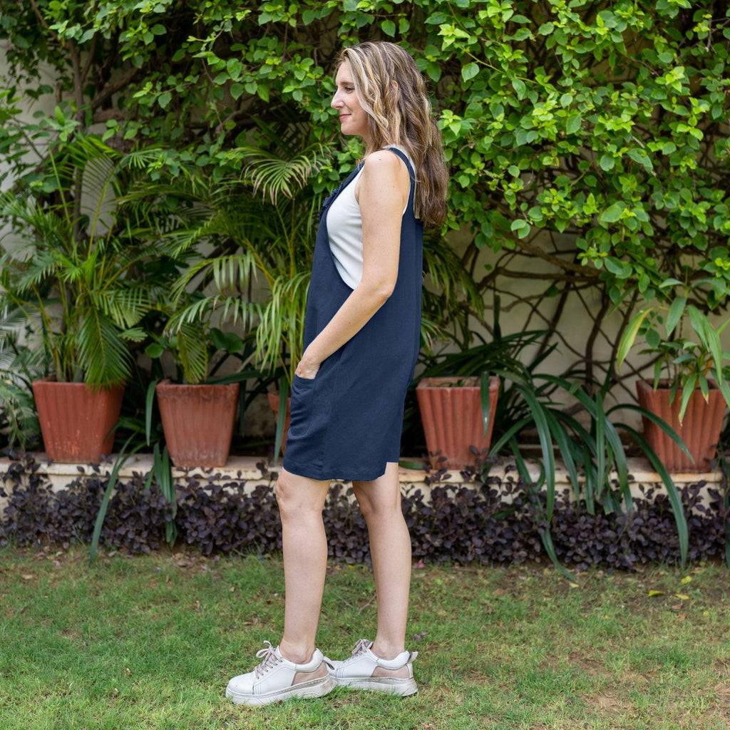 Navy Blue Cotton Linen Dungaree Playsuit