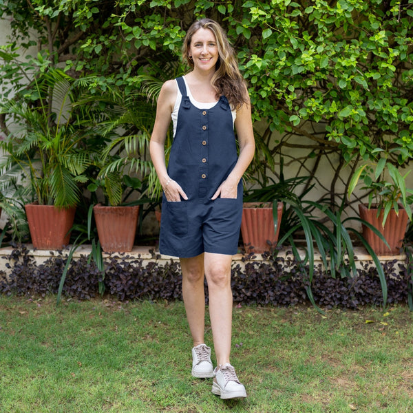 Navy Blue Cotton Linen Dungaree Playsuit