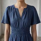 Navy Blue Cotton Linen Elasticated Short Tier Dress