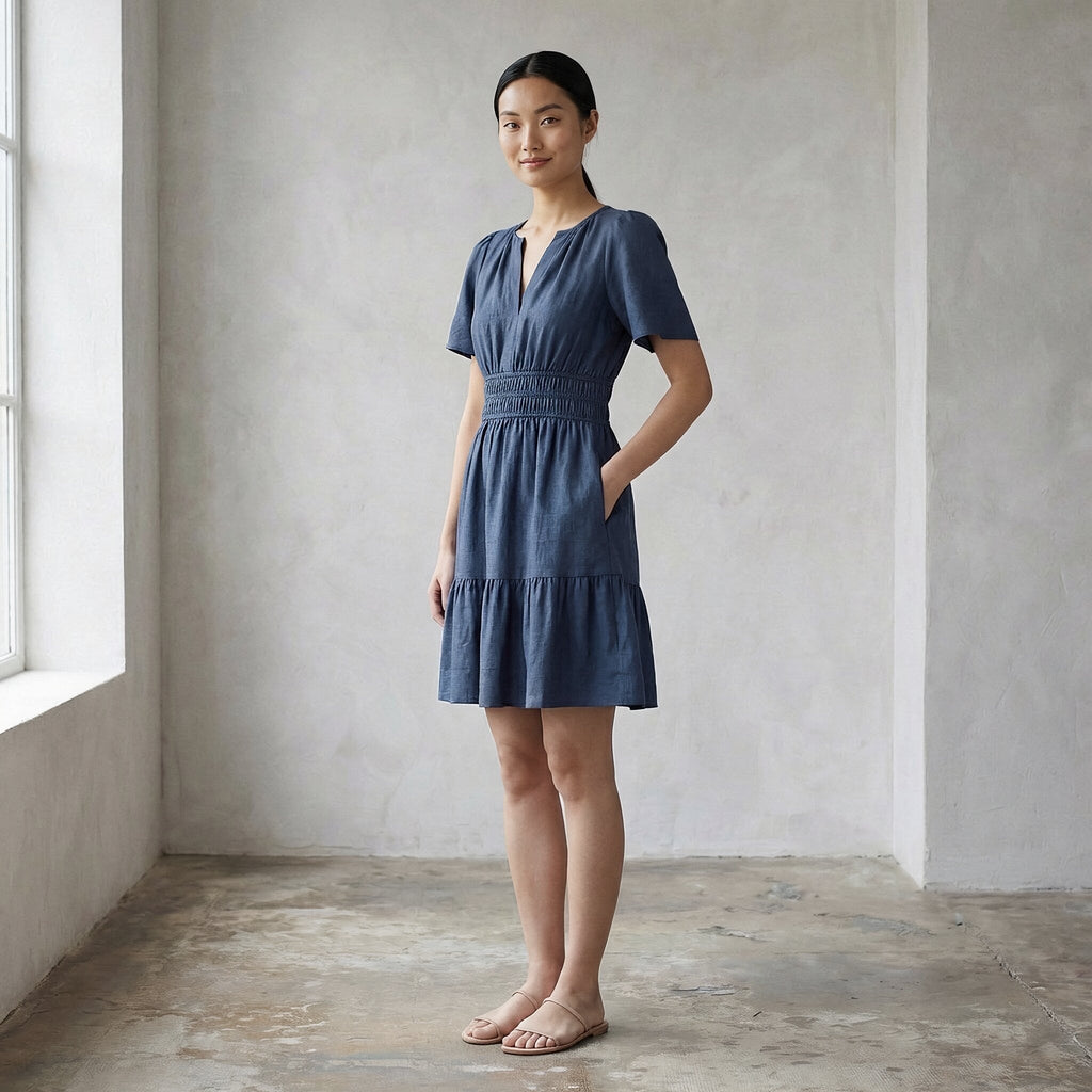 Navy Blue Cotton Linen Elasticated Short Tier Dress