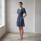 Navy Blue Cotton Linen Elasticated Short Tier Dress