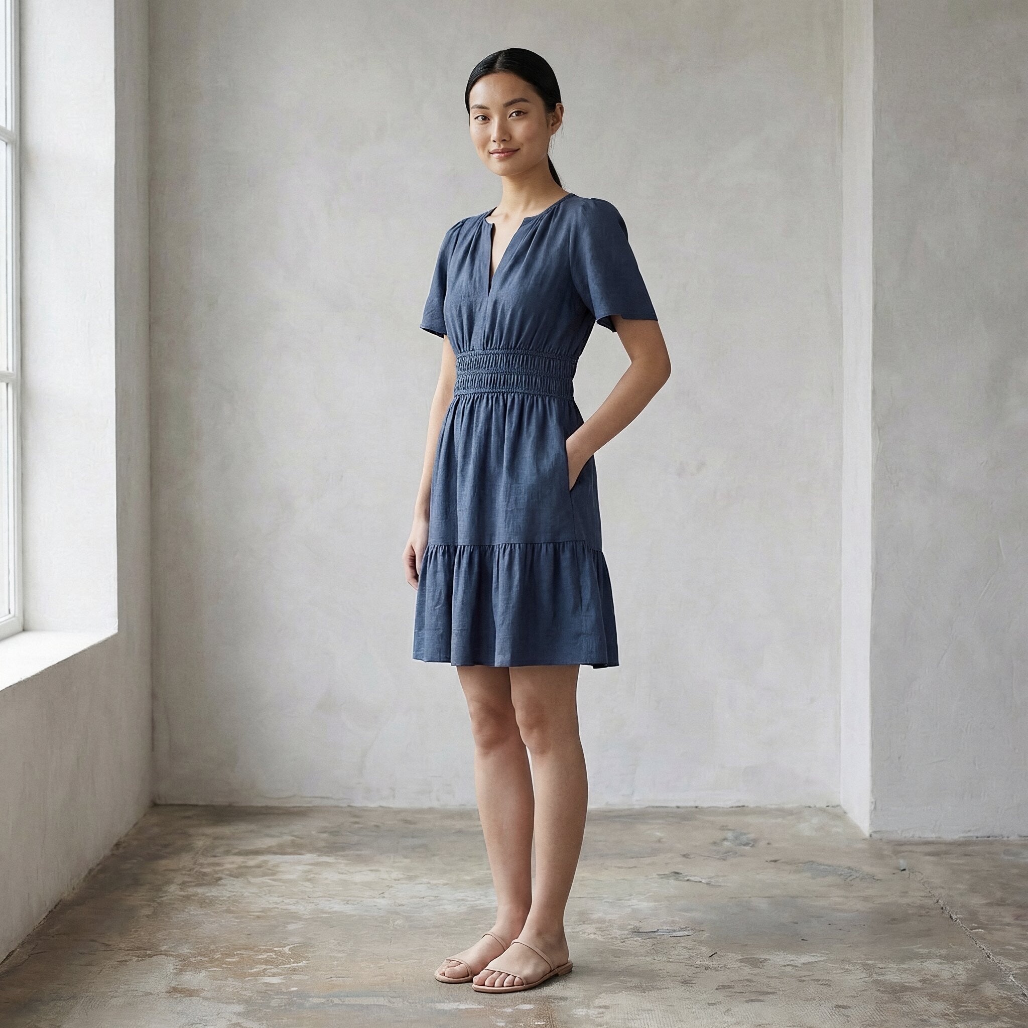 Navy Blue Cotton Linen Elasticated Short Tier Dress