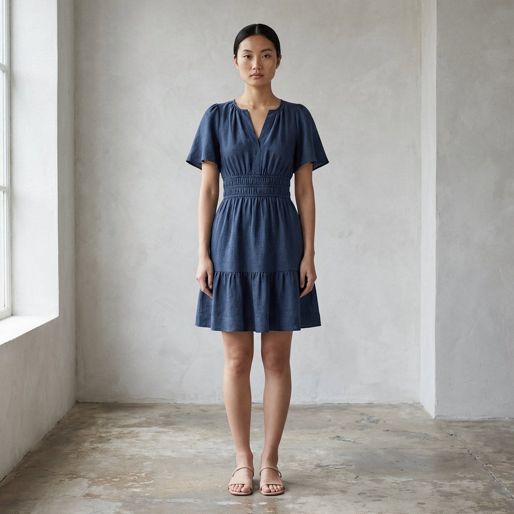Navy Blue Cotton Linen Elasticated Short Tier Dress