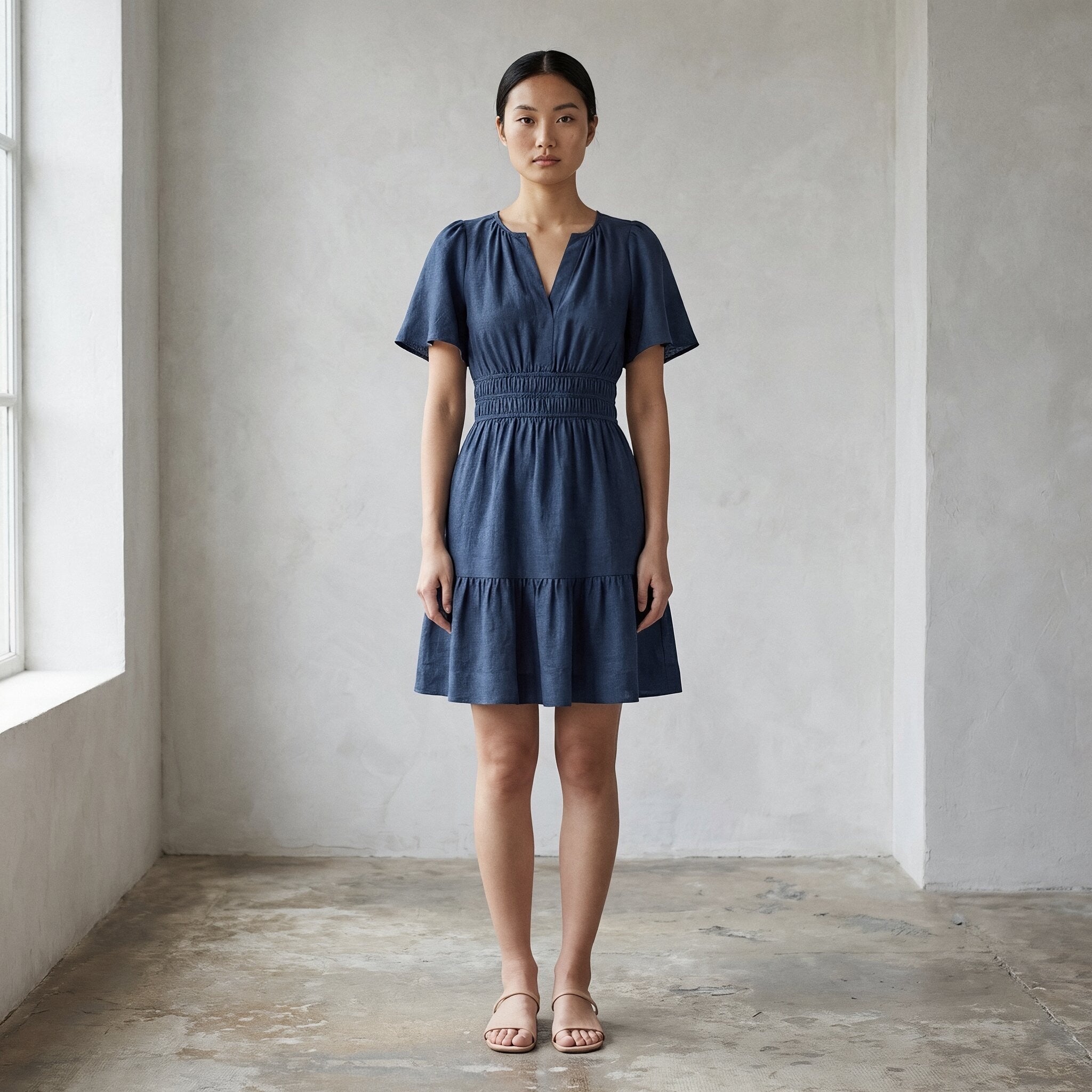 Navy Blue Cotton Linen Elasticated Short Tier Dress