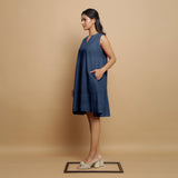 Navy Blue Cotton Linen Embroidered Knee-Length Godet Dress