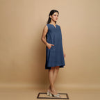 Navy Blue Cotton Linen Embroidered Knee-Length Godet Dress